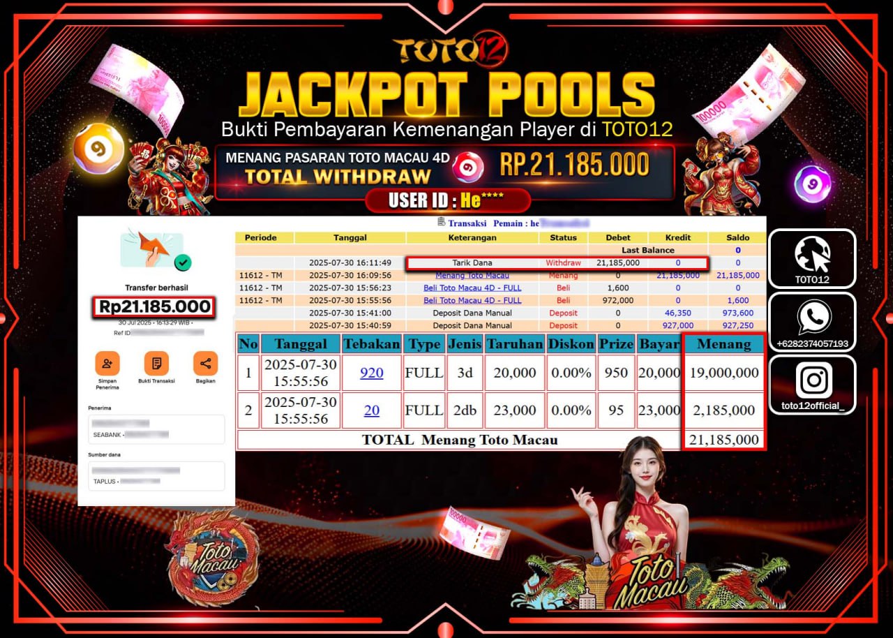 HANYA DI TOTO12 JP PASTI DI BAYAR LUNAS DAN CEPAT!!!!!! JACKPOT POOLS PASARAN (MACAU 4D) Rp.21.185.000 !!!!