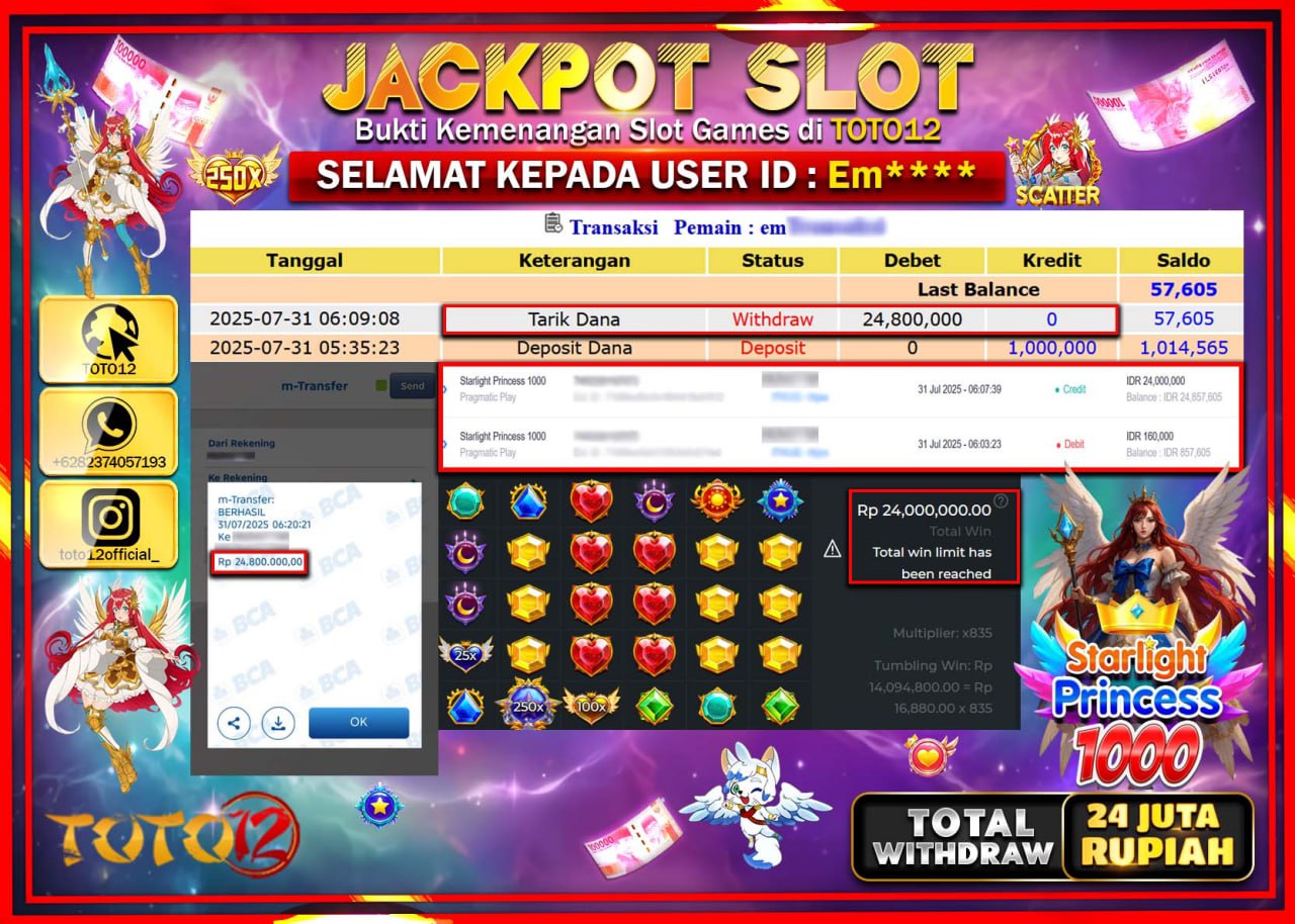 HANYA DI TOTO12 JP PASTI DI BAYAR LUNAS DAN CEPAT!!!!!! JACKPOT SLOT GAME (STARLIGHT PRINCESS 1000) Rp.24.800.000 !!!!