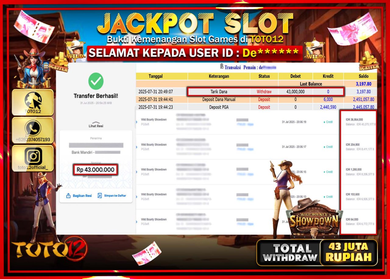 HANYA DI TOTO12 JP PASTI DI BAYAR LUNAS DAN CEPAT!!!!!! JACKPOT SLOT GAME (WILD BOUNTY SHOWDOWN) Rp.43.000.000 !!!!