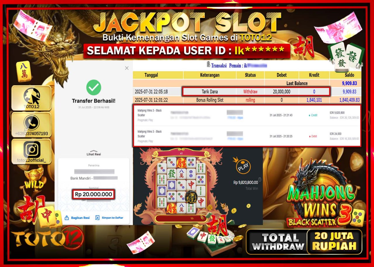 HANYA DI TOTO12 JP PASTI DI BAYAR LUNAS DAN CEPAT!!!!!! JACKPOT SLOT GAME (MAHJONG WINS 3 BLACK SCATTER) Rp.20.000.000 !!!!
