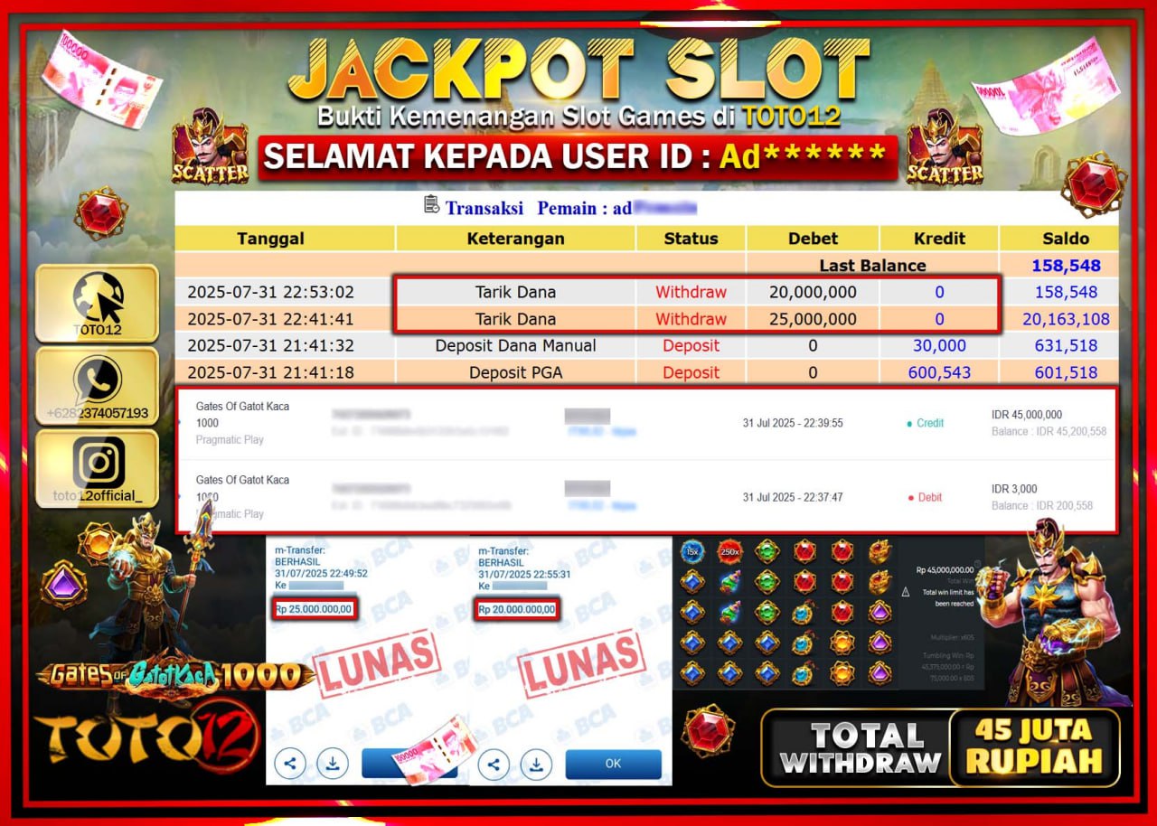 HANYA DI TOTO12 JP PASTI DI BAYAR LUNAS DAN CEPAT!!!!!! JACKPOT SLOT GAME (GATES OF GATOT KACA 1000) Rp.45.000.000 !!!!