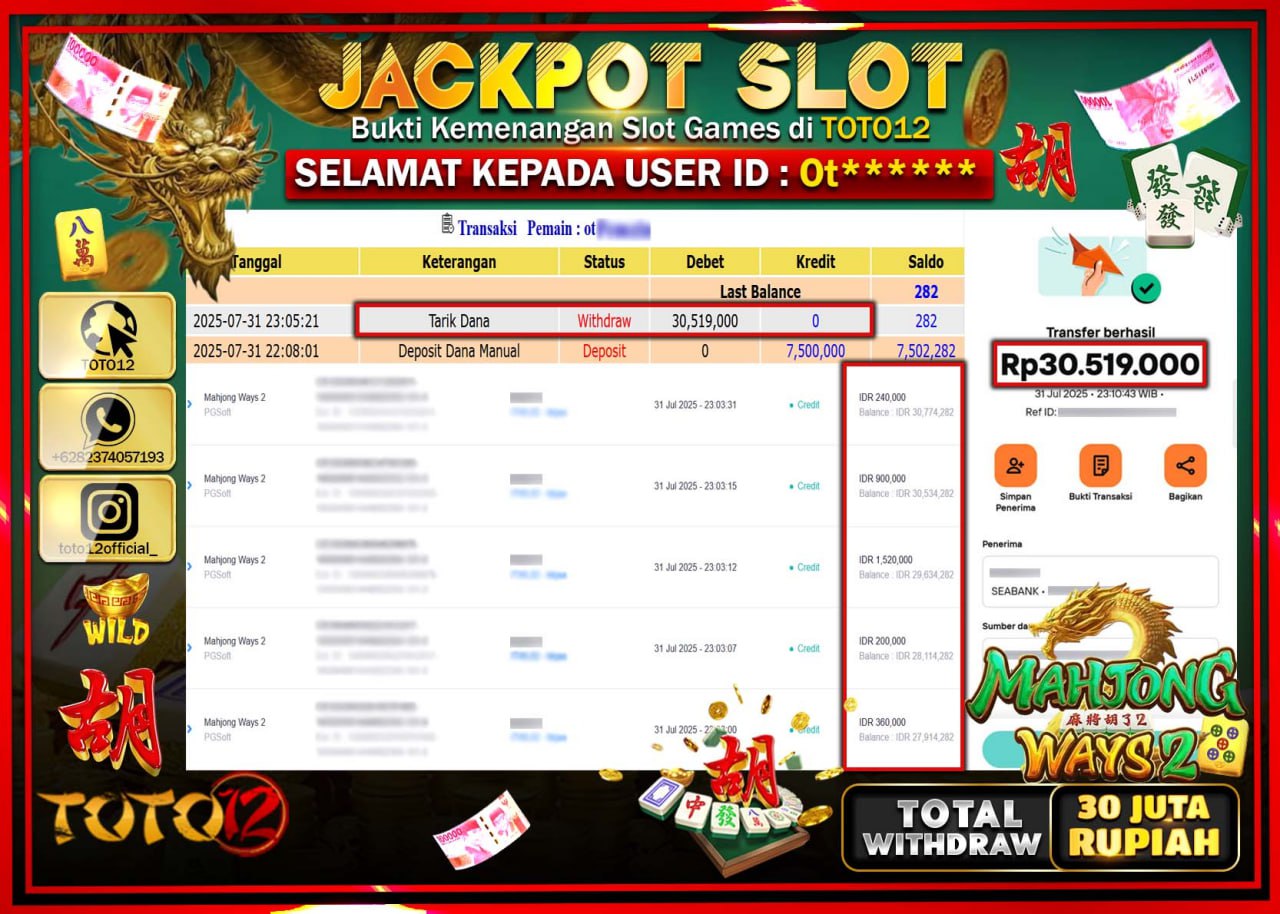HANYA DI TOTO12 JP PASTI DI BAYAR LUNAS DAN CEPAT!!!!!! JACKPOT SLOT GAME (MAHJONG WAYS 2) Rp.30.519.000 !!!!