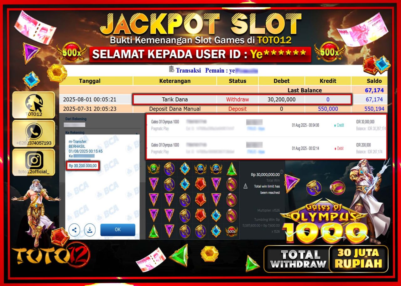 HANYA DI TOTO12 JP PASTI DI BAYAR LUNAS DAN CEPAT!!!!!! JACKPOT SLOT GAME (GATES OF OLYMPUS 1000) Rp.30.200.000 !!!!