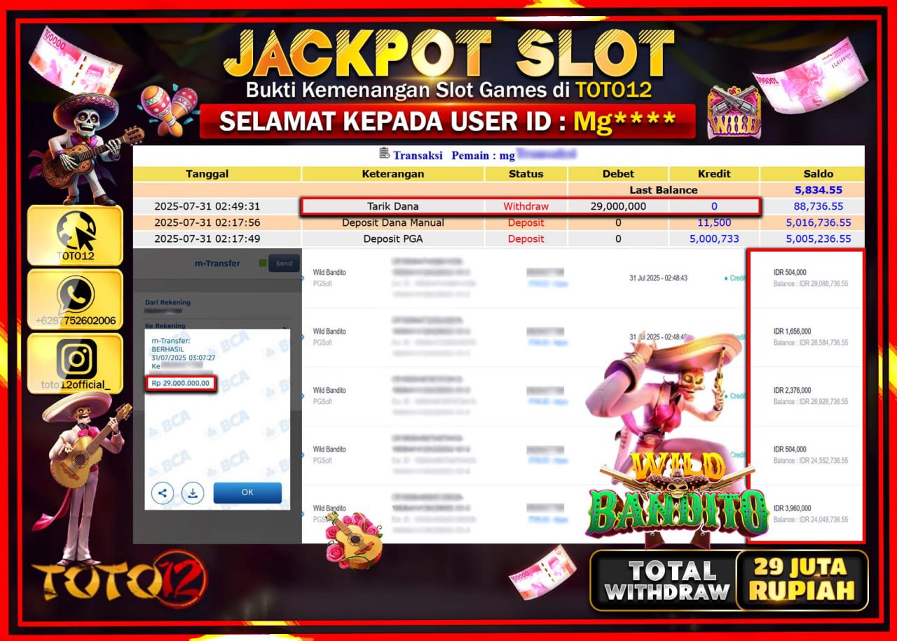 HANYA DI TOTO12 JP PASTI DI BAYAR LUNAS DAN CEPAT!!!!!! JACKPOT SLOT GAME (WILD BANDITO) Rp.29.000.000 !!!!