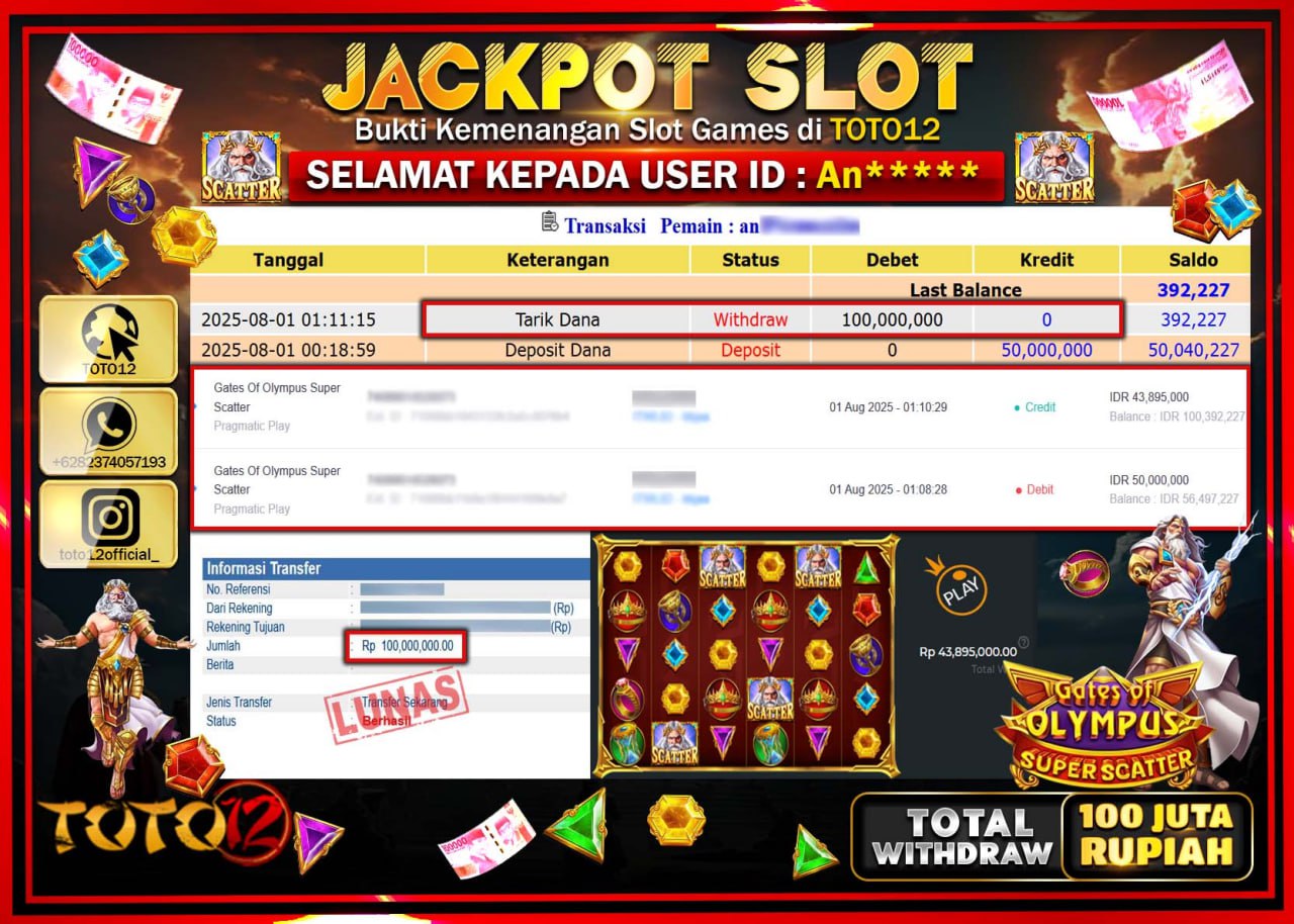 HANYA DI TOTO12 JP PASTI DI BAYAR LUNAS DAN CEPAT!!!!!! JACKPOT SLOT GAME (GATES OF OLYMPUS SUPER SCATTER) Rp.100.000.000 !!!!