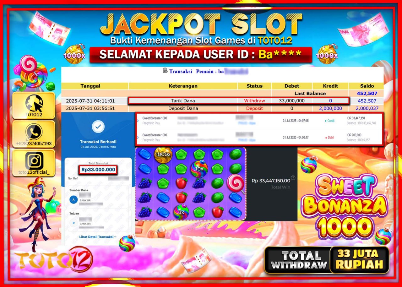 HANYA DI TOTO12 JP PASTI DI BAYAR LUNAS DAN CEPAT!!!!!! JACKPOT SLOT GAME (SWEET BONANZA 1000) Rp.33.000.000 !!!!