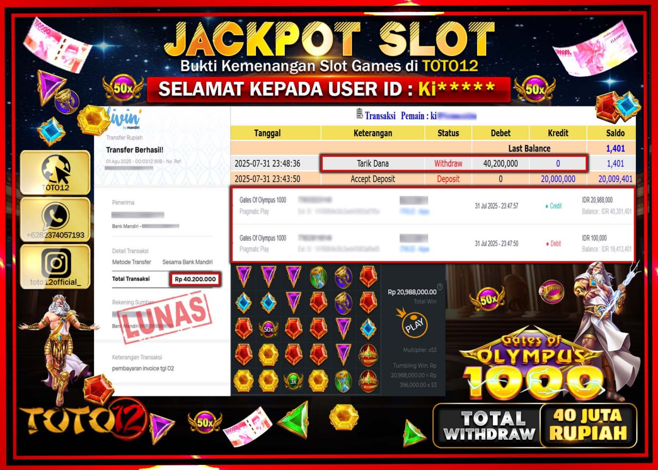 HANYA DI TOTO12 JP PASTI DI BAYAR LUNAS DAN CEPAT!!!!!! JACKPOT SLOT GAME (GATES OF OLYMPUS 1000) Rp.40.200.000 !!!!