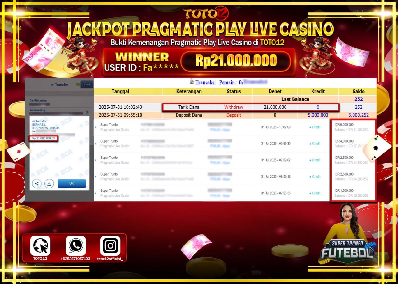 HANYA DI TOTO12 JP PASTI DI BAYAR LUNAS DAN CEPAT!!!!!! JACKPOT PRAGMATIC PLAY LIVE CASINO (SUPER TRUNFO FUTEBOL) Rp.21.000.000 !!!!