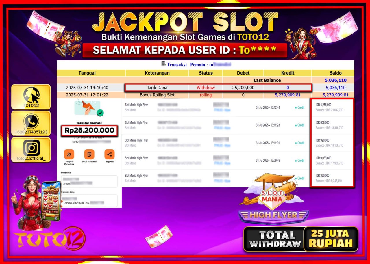 HANYA DI TOTO12 JP PASTI DI BAYAR LUNAS DAN CEPAT!!!!!! JACKPOT SLOT GAME (SLOT MANIA HIGH FLYER) Rp.25.200.000 !!!!