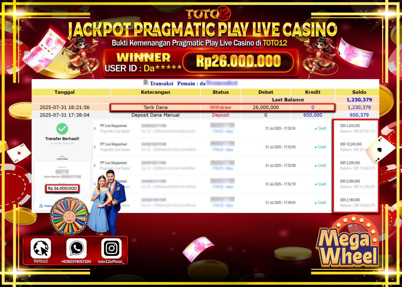HANYA DI TOTO12 JP PASTI DI BAYAR LUNAS DAN CEPAT!!!!!! JACKPOT PRAGMATIC PLAY LIVE CASINO (MEGA WHEEL) Rp.26.000.000 !!!!
