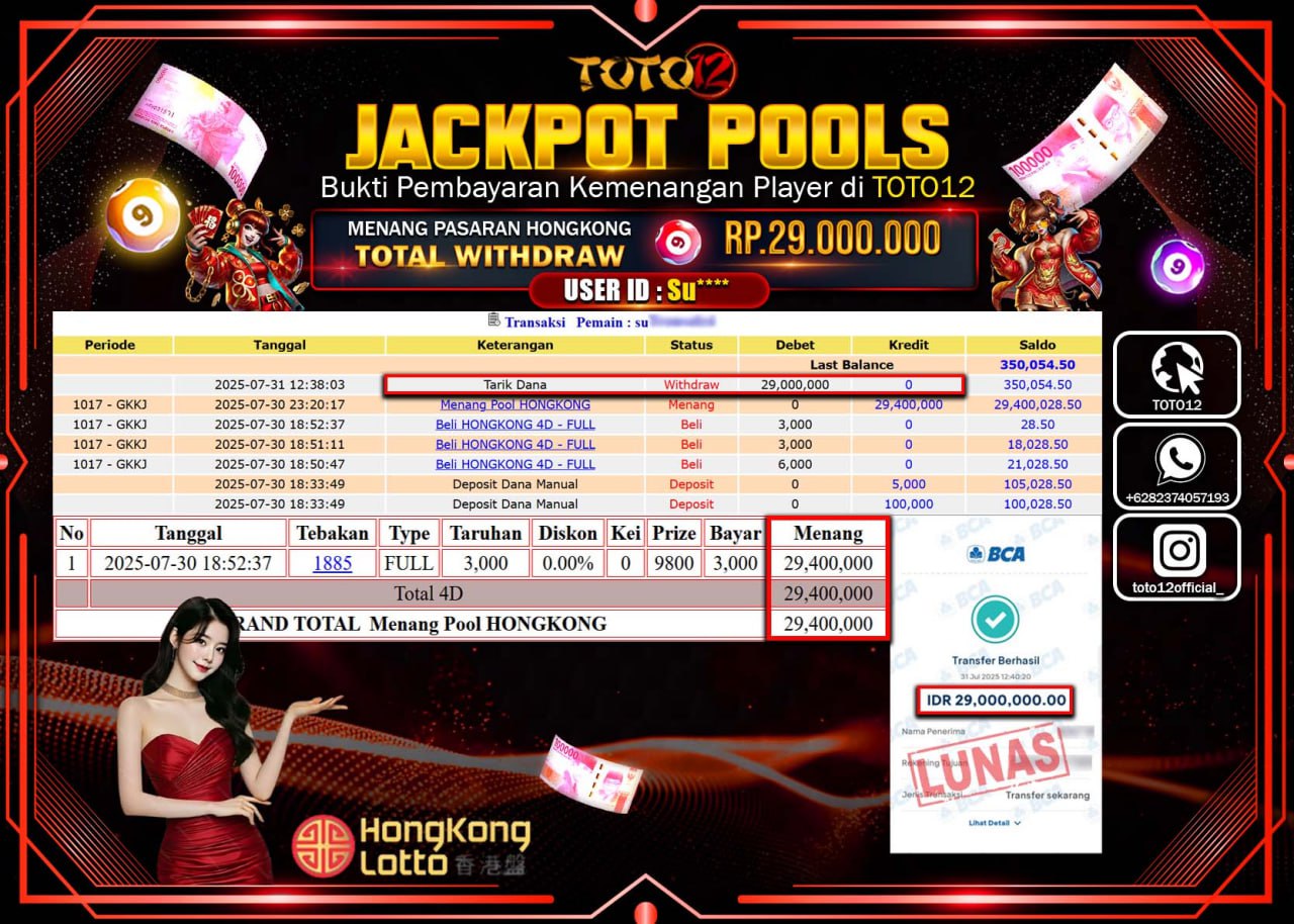 HANYA DI TOTO12 JP PASTI DI BAYAR LUNAS DAN CEPAT!!!!!! JACKPOT POOLS PASARAN (HONGKONG LOTTO) Rp.29.000.000 !!!!