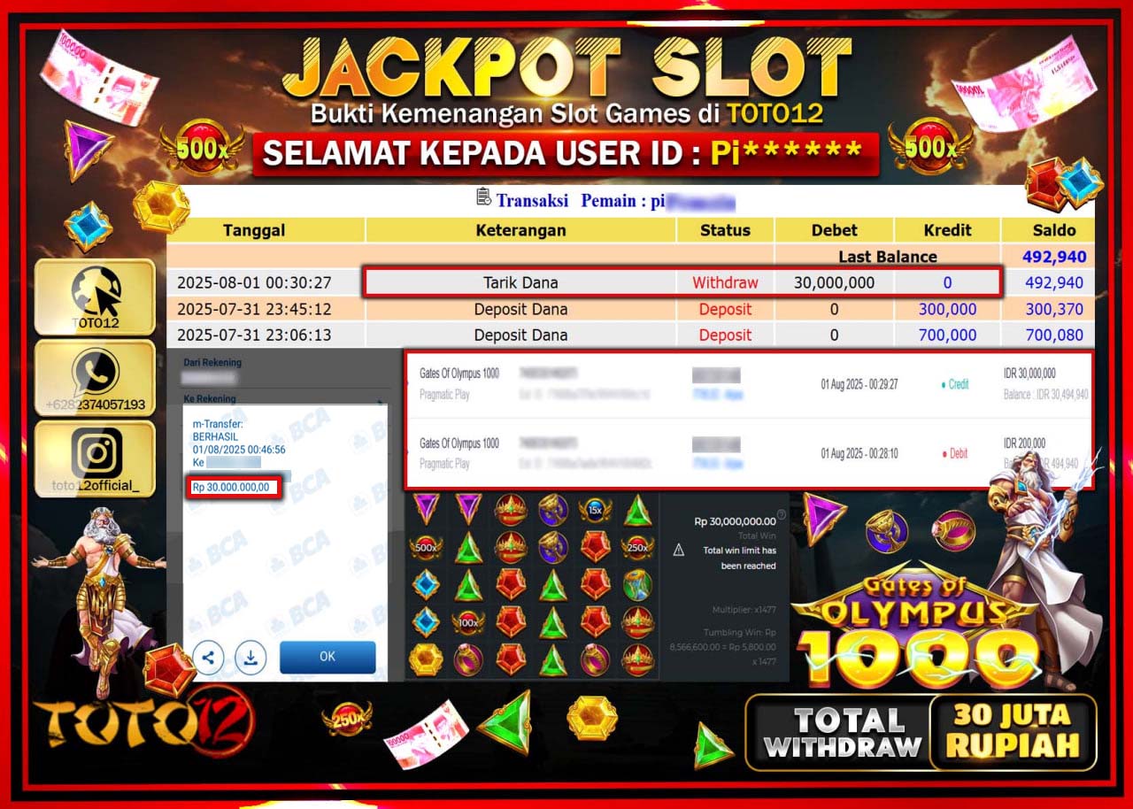HANYA DI TOTO12 JP PASTI DI BAYAR LUNAS DAN CEPAT!!!!!! JACKPOT SLOT GAME (GATES OF OLYMPUS 1000) Rp.30.000.000 !!!!