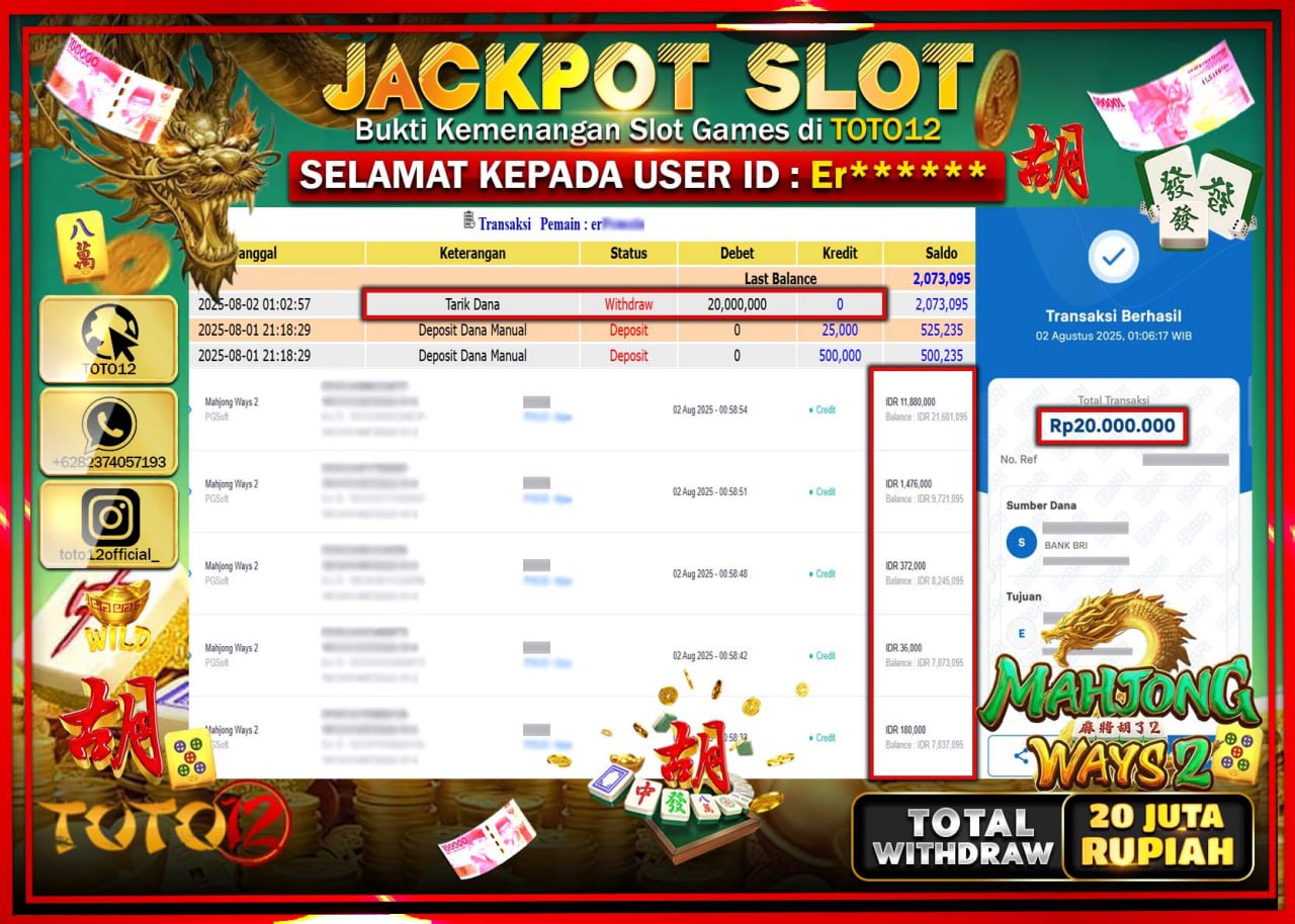 HANYA DI TOTO12 JP PASTI DI BAYAR LUNAS DAN CEPAT!!!!!! JACKPOT SLOT GAME (MAHJONG WAYS 2) Rp.20.000.000 !!!!