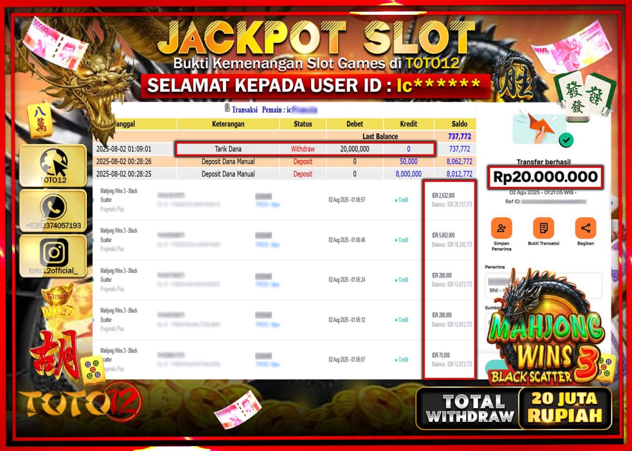 HANYA DI TOTO12 JP PASTI DI BAYAR LUNAS DAN CEPAT!!!!!! JACKPOT SLOT GAME (MAHJONG WINS 3 BLACK SCATTER) Rp.20.000.000 !!!!
