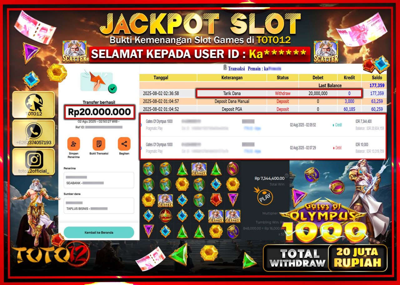 HANYA DI TOTO12 JP PASTI DI BAYAR LUNAS DAN CEPAT!!!!!! JACKPOT SLOT GAME (GATES OF OLYMPUS 1000) Rp.20.000.000 !!!!