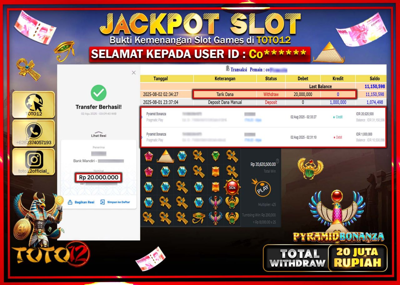 HANYA DI TOTO12 JP PASTI DI BAYAR LUNAS DAN CEPAT!!!!!! JACKPOT SLOT GAME (PYRAMID BONANZA) Rp.20.000.000 !!!!