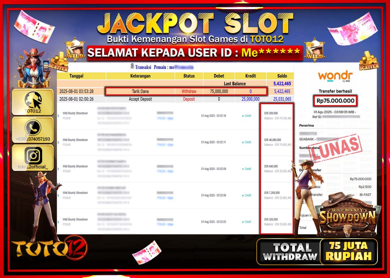 HANYA DI TOTO12 JP PASTI DI BAYAR LUNAS DAN CEPAT!!!!!! JACKPOT SLOT GAME (WILD BOUNTY SHOWDOWN) Rp.75.000.000 !!!!