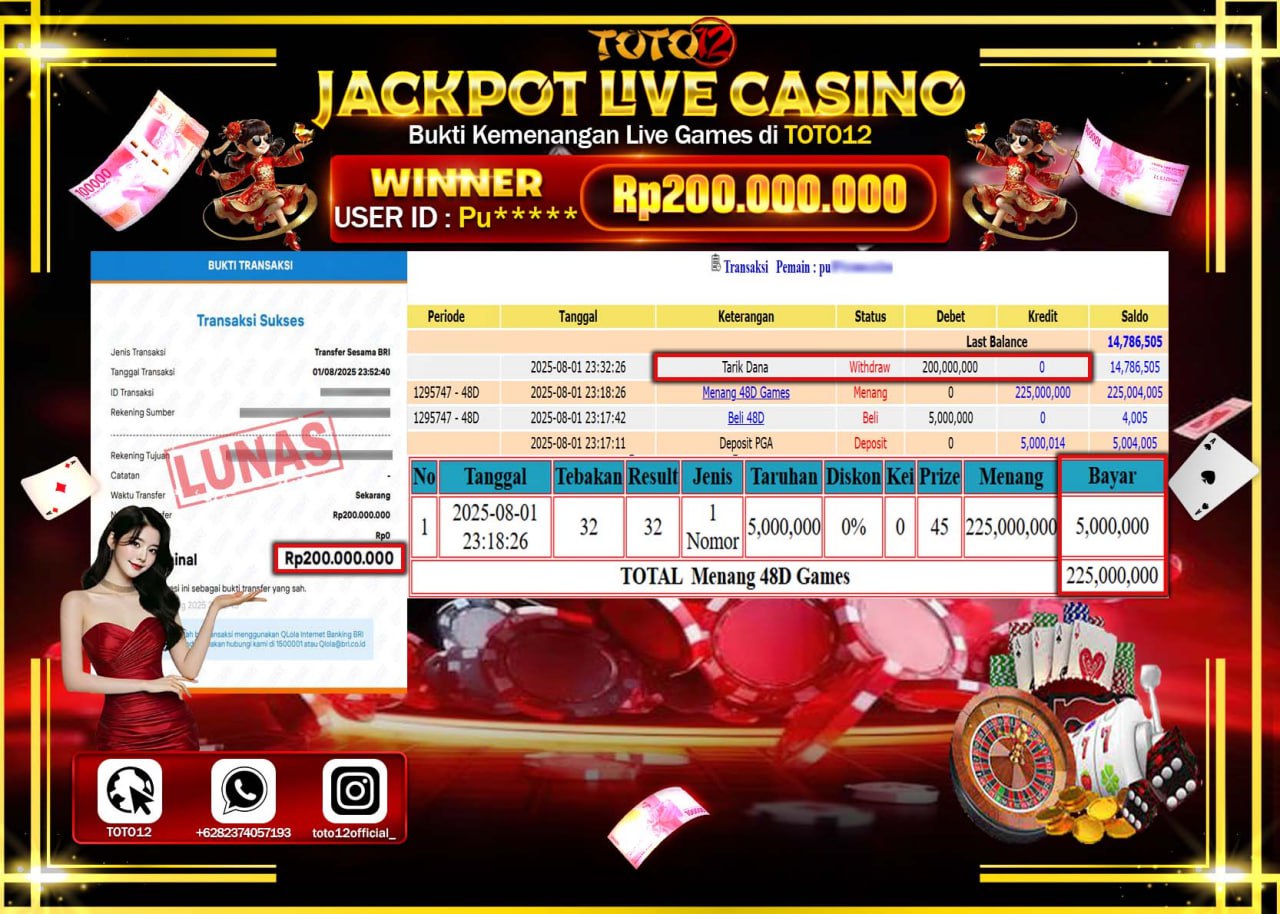 HANYA DI TOTO12 JP PASTI DI BAYAR LUNAS DAN CEPAT!!!!!! JACKPOT LIVE GAMES CASINO (48D GAMES) Rp.200.000.000 !!!!