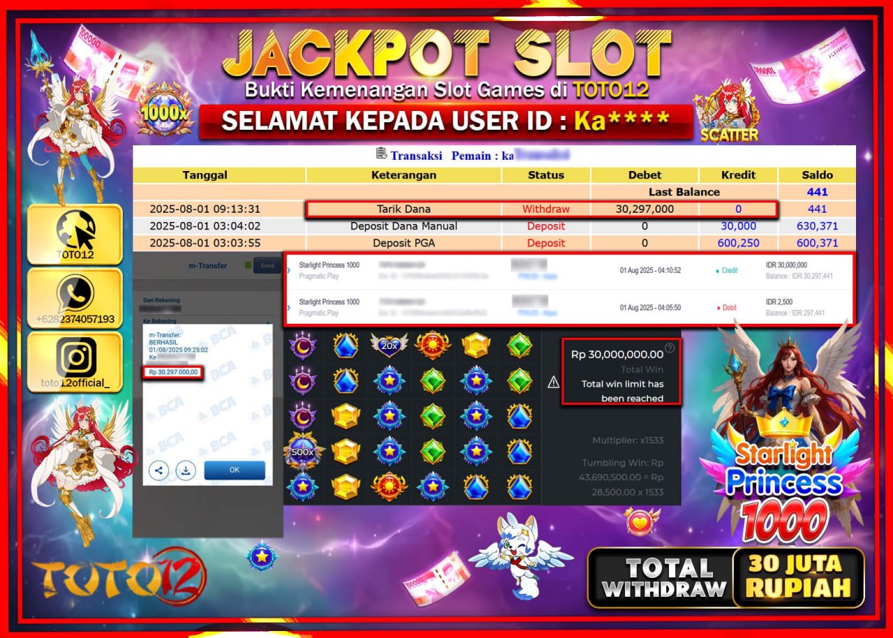 HANYA DI TOTO12 JP PASTI DI BAYAR LUNAS DAN CEPAT!!!!!! JACKPOT SLOT GAME (STARLIGHT PRINCESS 1000) Rp.30.297.000 !!!!