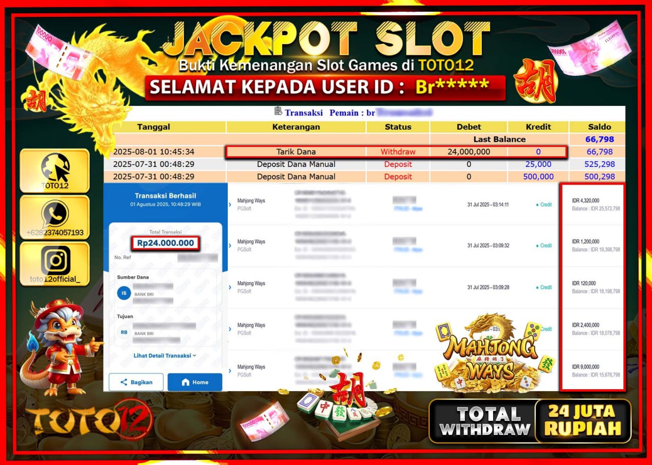 HANYA DI TOTO12 JP PASTI DI BAYAR LUNAS DAN CEPAT!!!!!! JACKPOT SLOT GAME (MAHJONG WAYS) Rp.24.000.000 !!!!