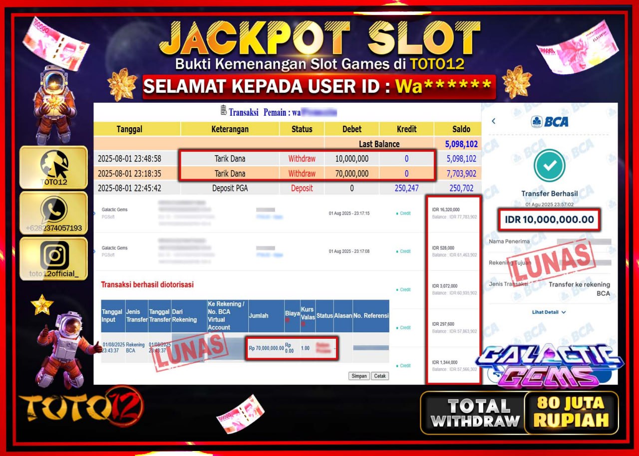 HANYA DI TOTO12 JP PASTI DI BAYAR LUNAS DAN CEPAT!!!!!! JACKPOT SLOT GAME (GALACTIC GEMS) Rp.80.000.000 !!!!