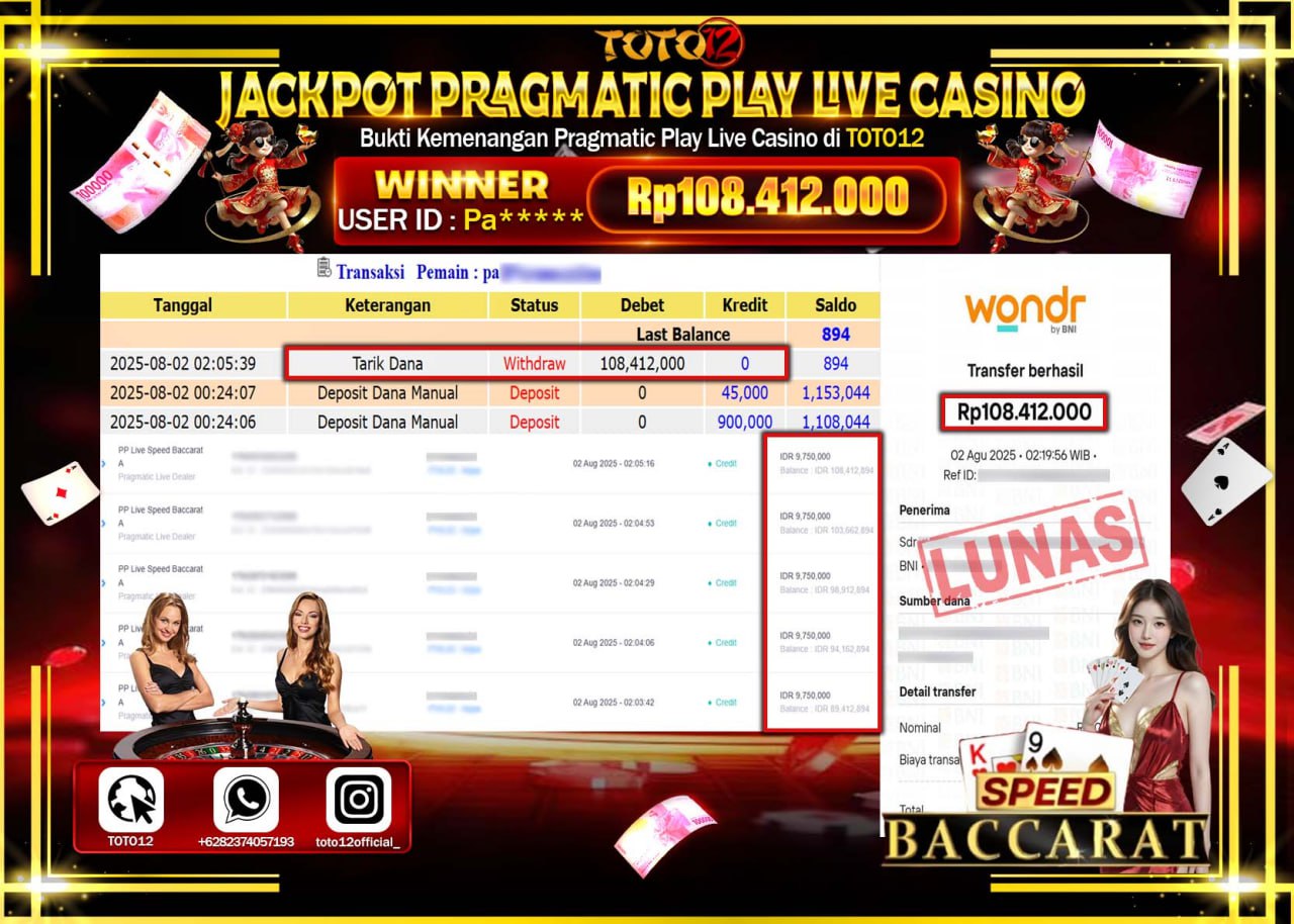 HANYA DI TOTO12 JP PASTI DI BAYAR LUNAS DAN CEPAT!!!!!! JACKPOT PRAGMATIC PLAY LIVE CASINO (SPEED BACCARAT) Rp.108.412.000 !!!!