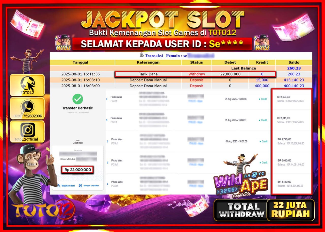 HANYA DI TOTO12 JP PASTI DI BAYAR LUNAS DAN CEPAT!!!!!! JACKPOT SLOT GAME (WILD APE) Rp.22.000.000 !!!!