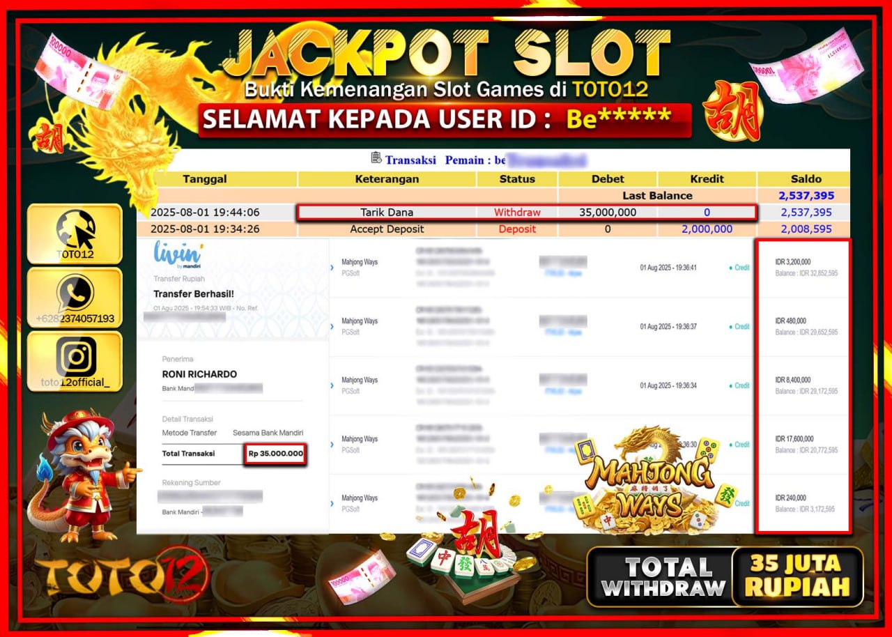 HANYA DI TOTO12 JP PASTI DI BAYAR LUNAS DAN CEPAT!!!!!! JACKPOT SLOT GAME (MAHJONG WAYS) Rp35.000.000 !!!!
