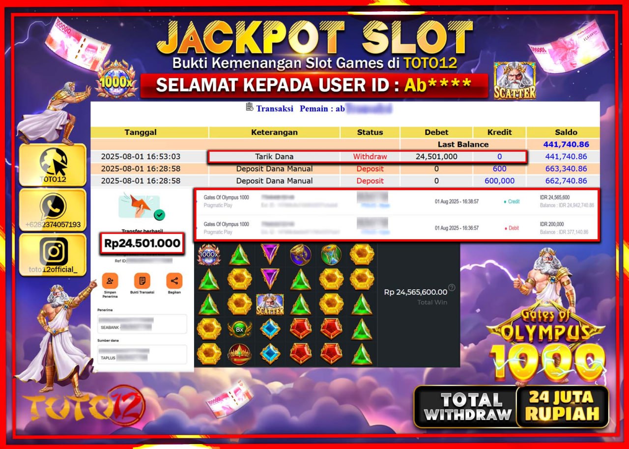 HANYA DI TOTO12 JP PASTI DI BAYAR LUNAS DAN CEPAT!!!!!! JACKPOT SLOT GAME (GATES OF OLYMPUS 1000) Rp.24.501.000 !!!!