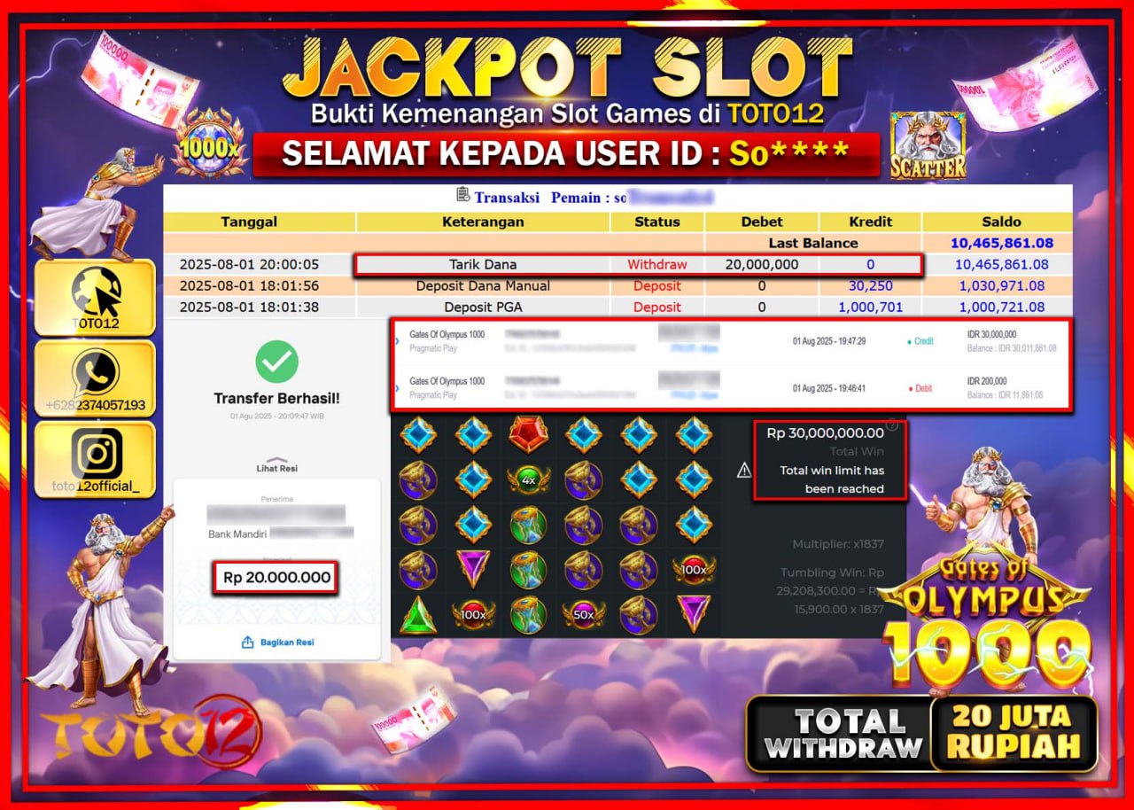 HANYA DI TOTO12 JP PASTI DI BAYAR LUNAS DAN CEPAT!!!!!! JACKPOT SLOT GAME (GATES OF OLYMPUS 1000) Rp.20.000.000 !!!!