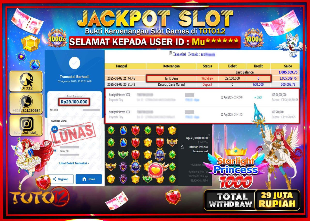 HANYA DI TOTO12 JP PASTI DI BAYAR LUNAS DAN CEPAT!!!!!! JACKPOT SLOT GAME (STARLIGHT PRINCESS 1000) Rp.29.100.000 !!!!