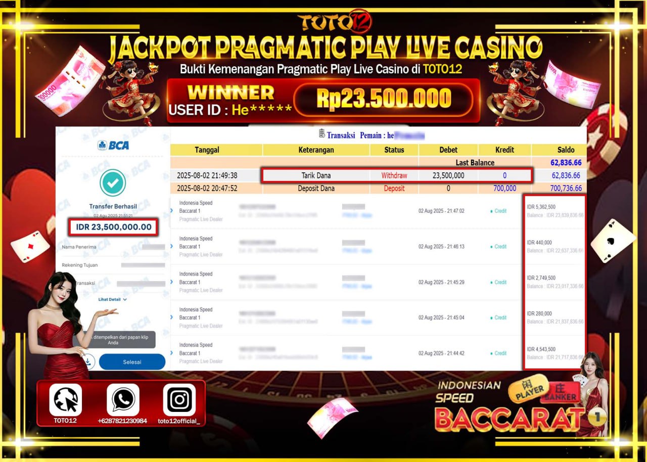 HANYA DI TOTO12 JP PASTI DI BAYAR LUNAS DAN CEPAT!!!!!! JACKPOT PRAGMATIC PLAY LIVE CASINO (INDONESIAN SPEED BACCARAT 1) Rp.23.500.000 !!!!