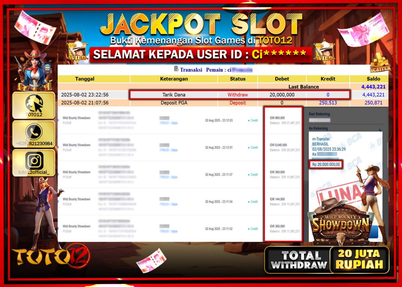 HANYA DI TOTO12 JP PASTI DI BAYAR LUNAS DAN CEPAT!!!!!! JACKPOT SLOT GAME (WILD BOUNTY SHOWDOWN) Rp.20.000.000 !!!!