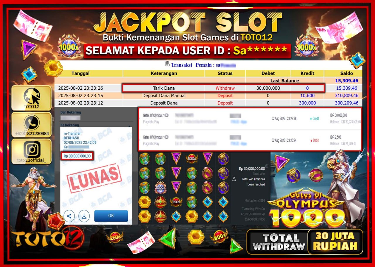 HANYA DI TOTO12 JP PASTI DI BAYAR LUNAS DAN CEPAT!!!!!! JACKPOT SLOT GAME (GATES OF OLYMPUS 1000) Rp.30.000.000 !!!!