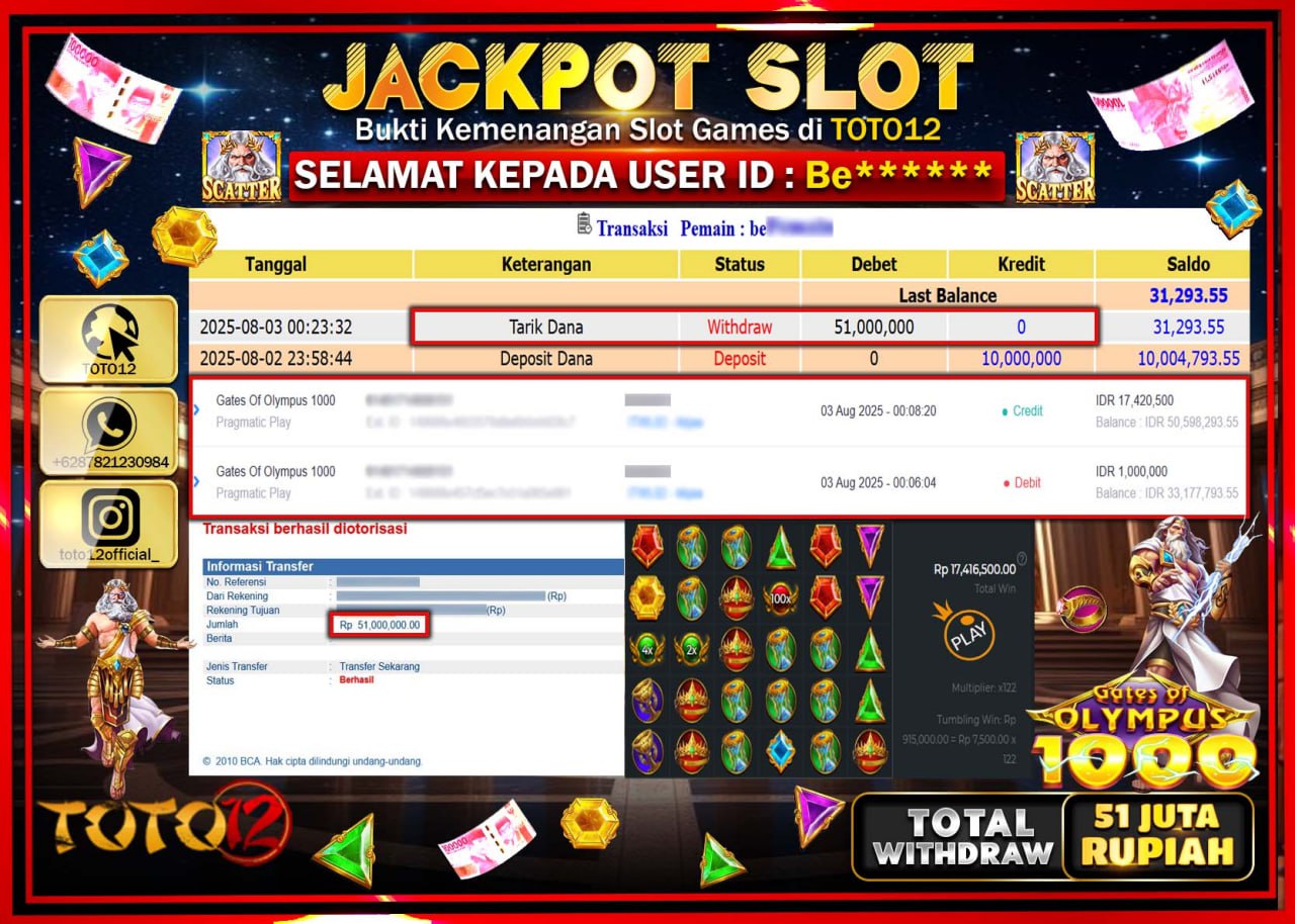 HANYA DI TOTO12 JP PASTI DI BAYAR LUNAS DAN CEPAT!!!!!! JACKPOT SLOT GAME (GATES OF OLYMPUS 1000) Rp.51.000.000 !!!!