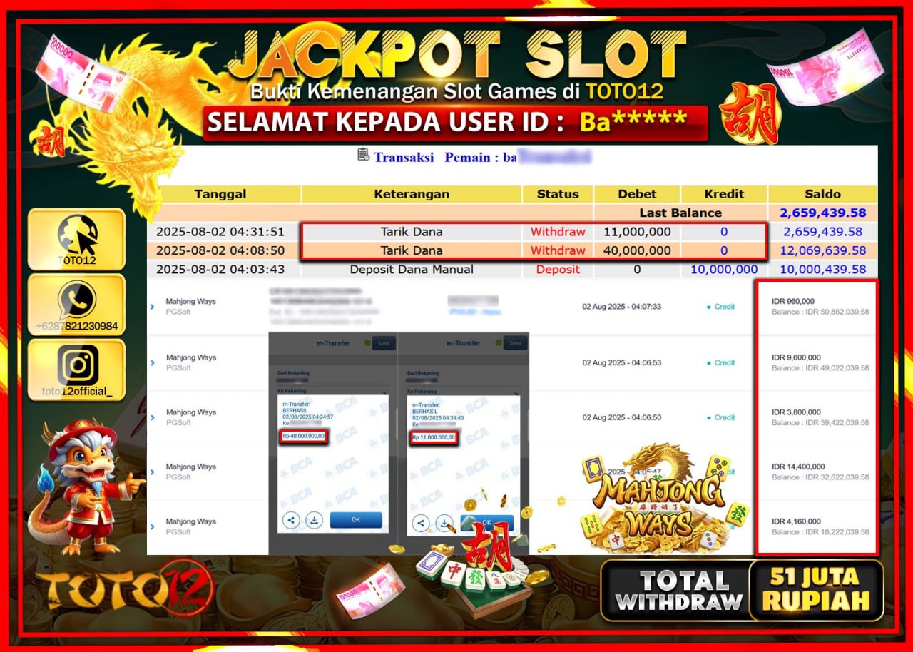 HANYA DI TOTO12 JP PASTI DI BAYAR LUNAS DAN CEPAT!!!!!! JACKPOT SLOT GAME (MAHJONG WAYS) Rp.51.000.000 !!!!