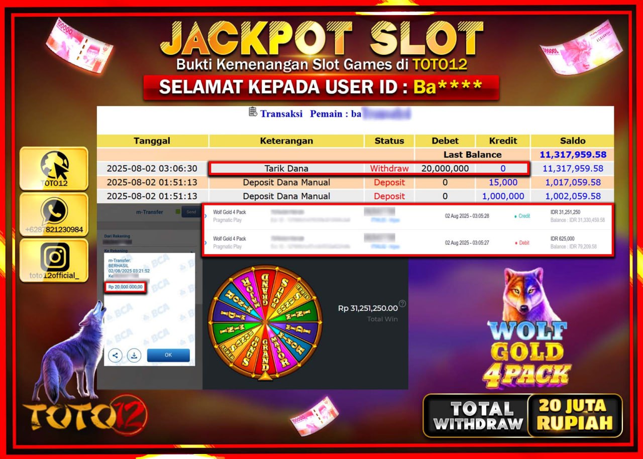 HANYA DI TOTO12 JP PASTI DI BAYAR LUNAS DAN CEPAT!!!!!! JACKPOT SLOT GAME (WOLF GOLD 4 PACK) Rp.20.000.000 !!!!