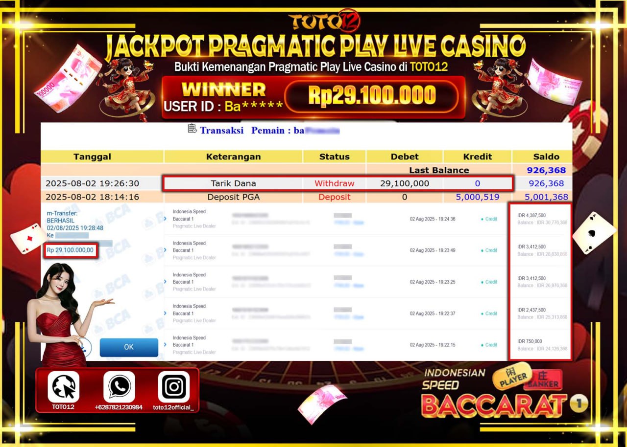 HANYA DI TOTO12 JP PASTI DI BAYAR LUNAS DAN CEPAT!!!!!! JACKPOT PRAGMATIC PLAY LIVE CASINO (INDONESIAN SPEED BACCARAT 1) Rp.29.100.000 !!!!