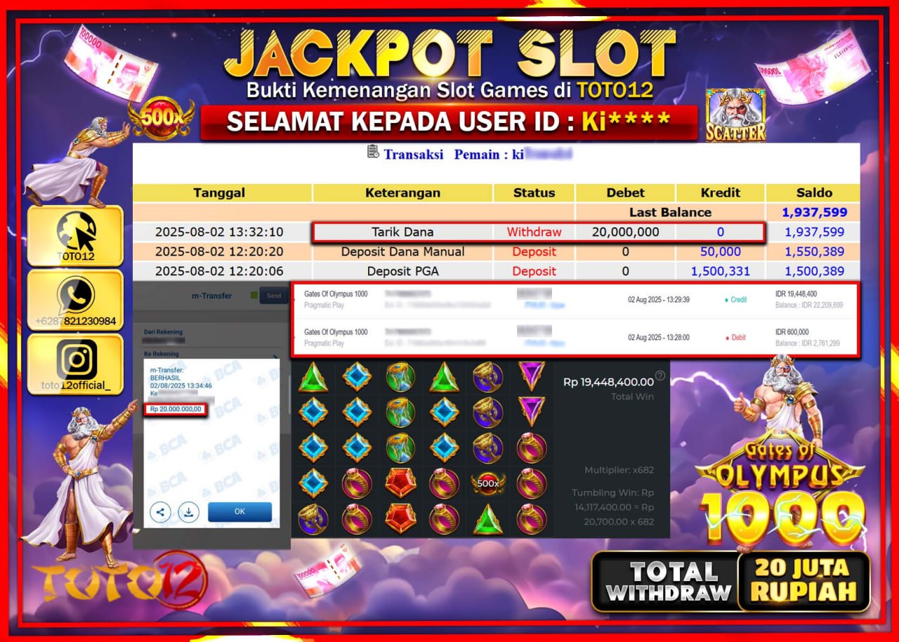 HANYA DI TOTO12 JP PASTI DI BAYAR LUNAS DAN CEPAT!!!!!! JACKPOT SLOT GAME (GATES OF OLYMPUS 1000) Rp.20.000.000 !!!!
