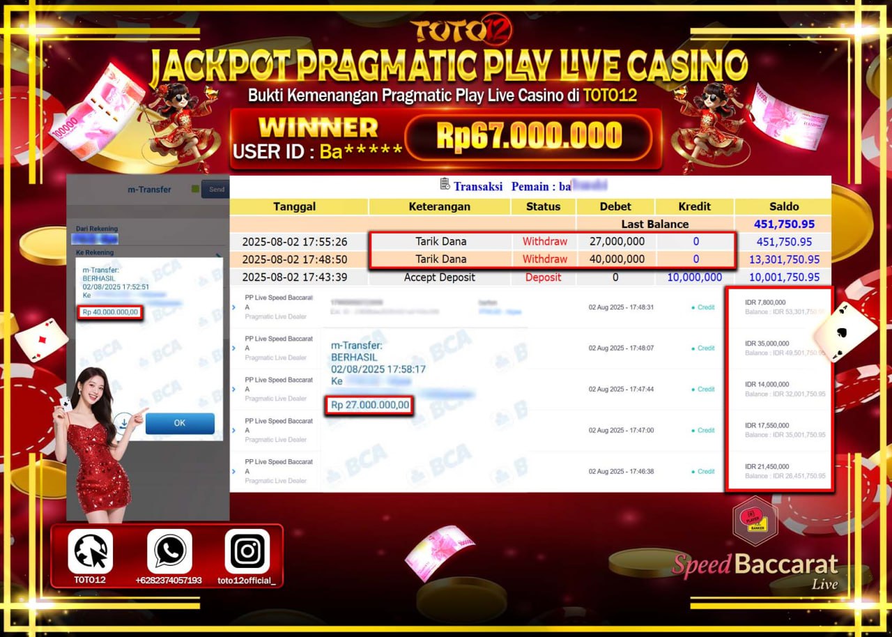 HANYA DI TOTO12 JP PASTI DI BAYAR LUNAS DAN CEPAT!!!!!! JACKPOT PRAGMATIC PLAY LIVE CASINO (SPEED BACCARAT) Rp.67.000.000 !!!!