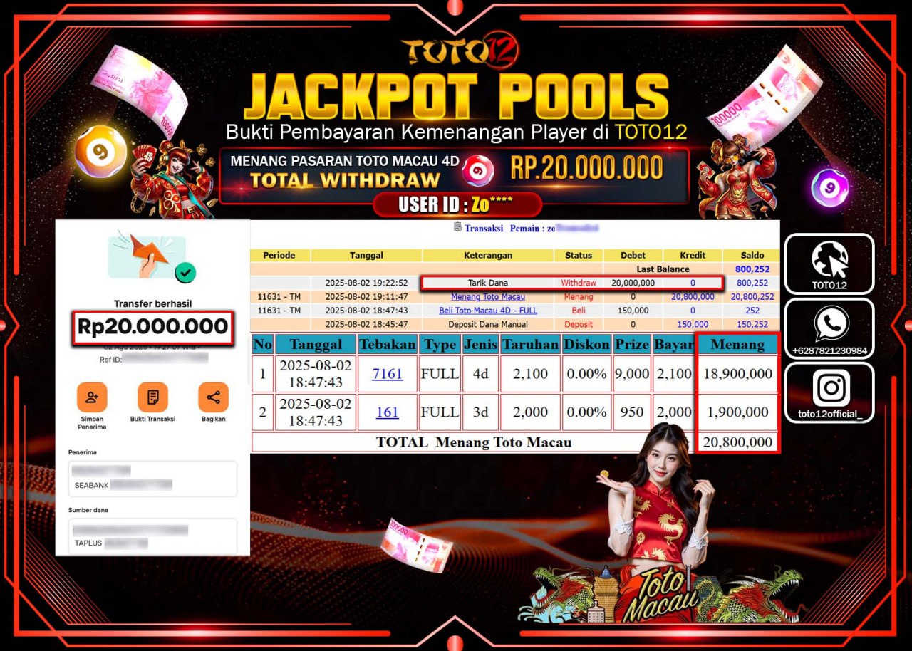 HANYA DI TOTO12 JP PASTI DI BAYAR LUNAS DAN CEPAT!!!!!! JACKPOT POOLS PASARAN (MACAU 4D) Rp.20.000.000 !!!!