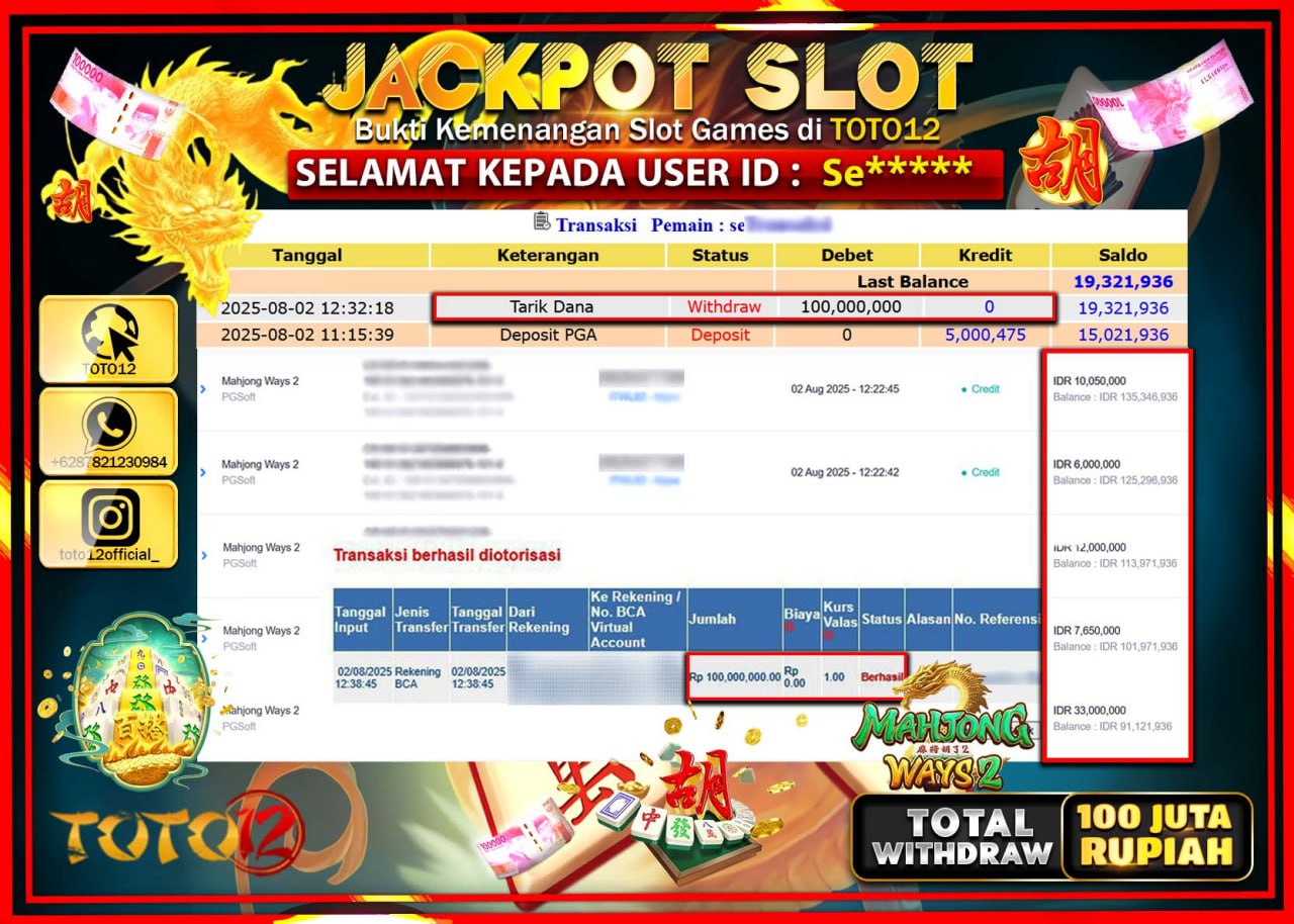 HANYA DI TOTO12 JP PASTI DI BAYAR LUNAS DAN CEPAT!!!!!! JACKPOT SLOT GAME (MAHJONG WAYS 2) Rp.100.000.000 !!!!