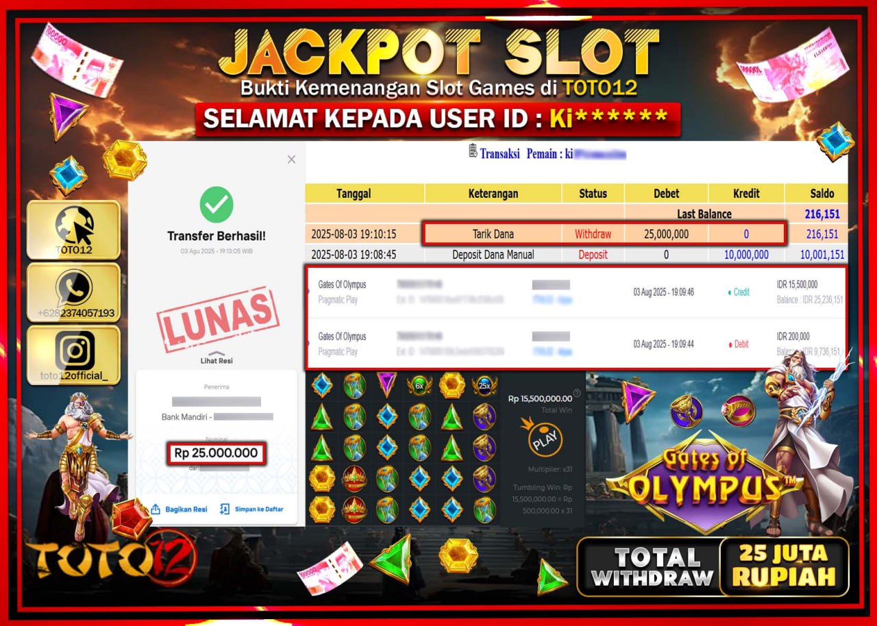 HANYA DI TOTO12 JP PASTI DI BAYAR LUNAS DAN CEPAT!!!!!! JACKPOT SLOT GAME (GATES OF OLYMPUS) Rp.25.000.000 !!!!