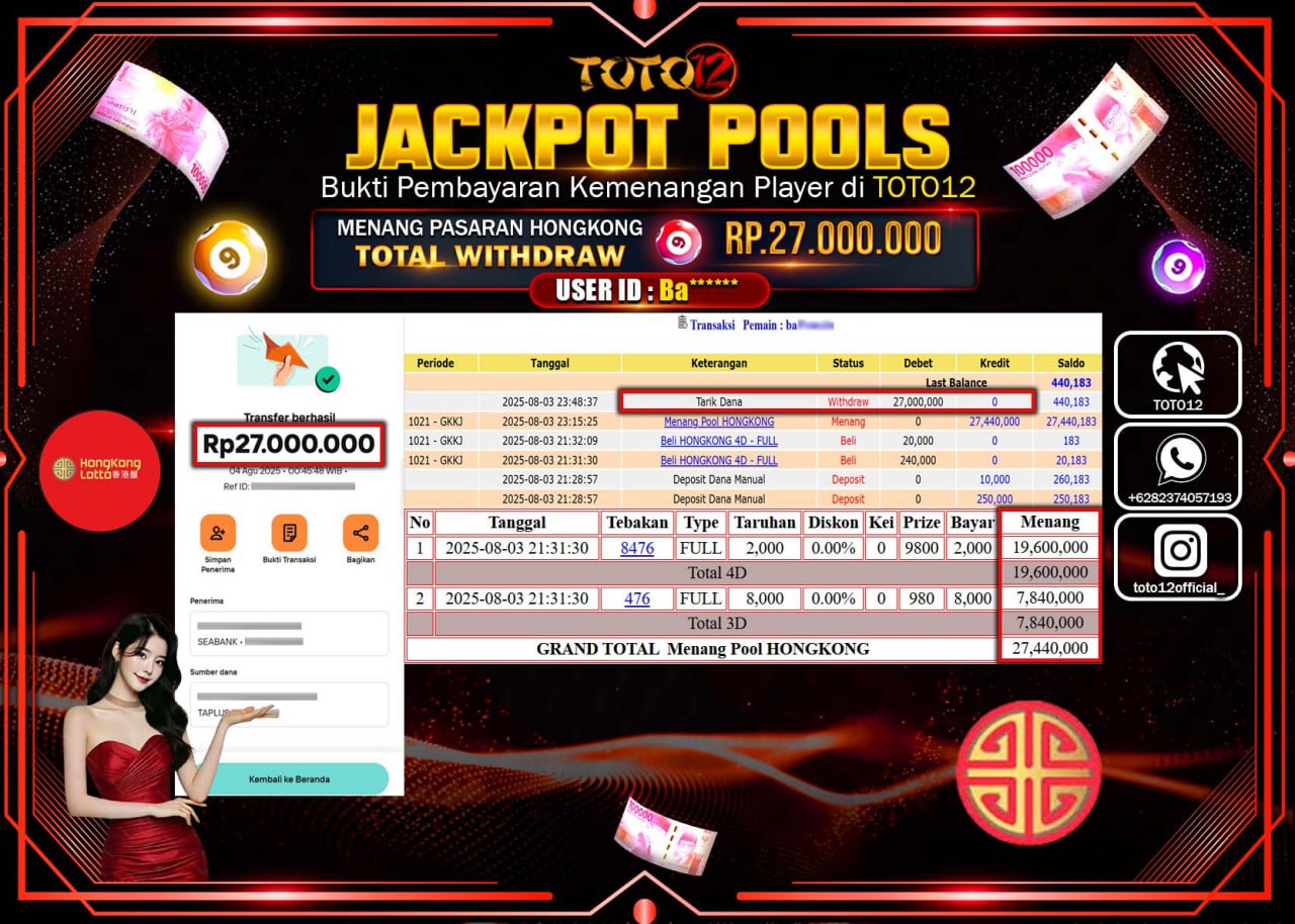 HANYA DI TOTO12 JP PASTI DI BAYAR LUNAS DAN CEPAT!!!!!! JACKPOT POOLS PASARAN (HONGKONG) Rp.27.000.000 !!!!