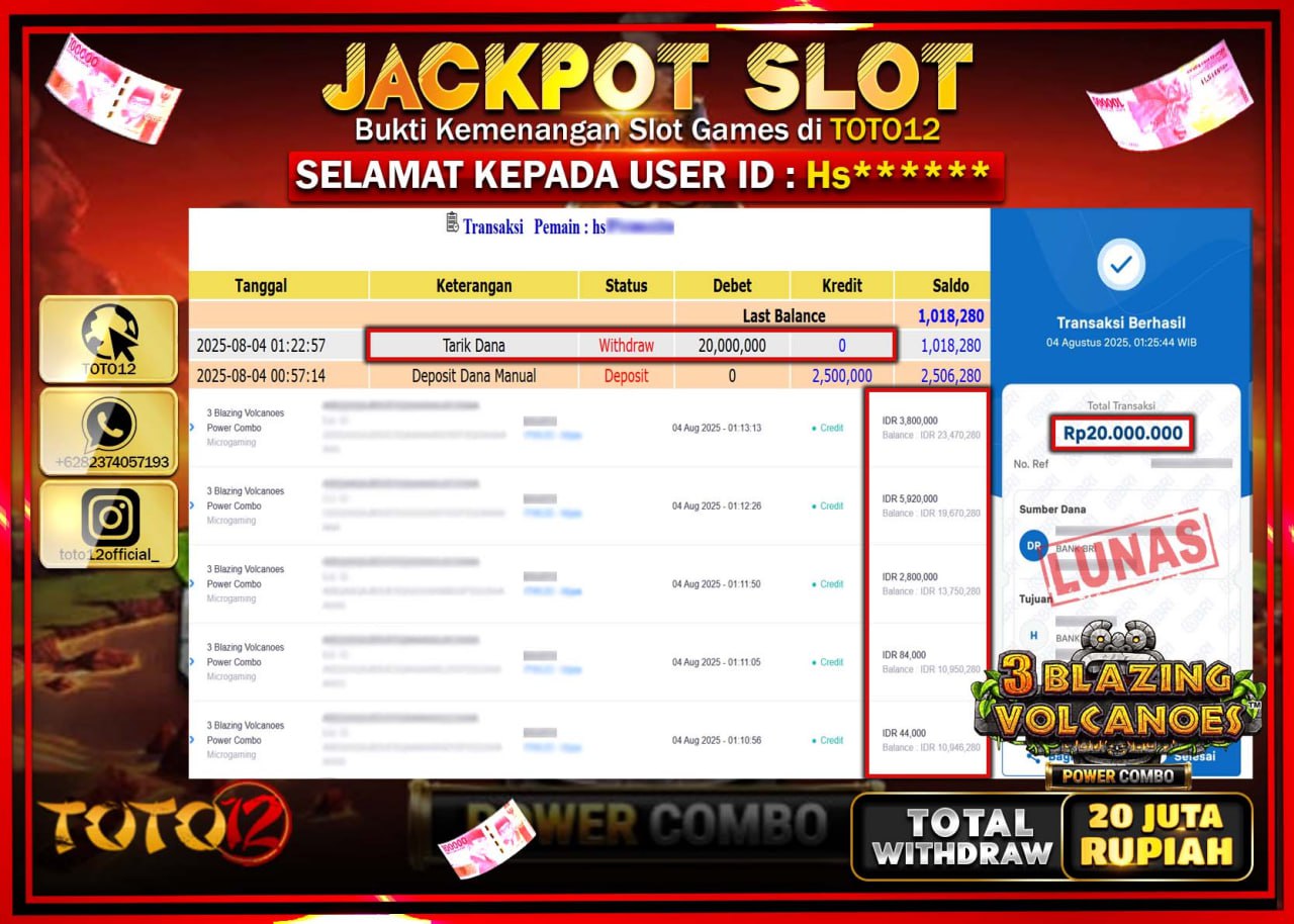 HANYA DI TOTO12 JP PASTI DI BAYAR LUNAS DAN CEPAT!!!!!! JACKPOT SLOT GAME (3 BLAZING VOLCANOES POWER COMBO) Rp.20.000.000 !!!!