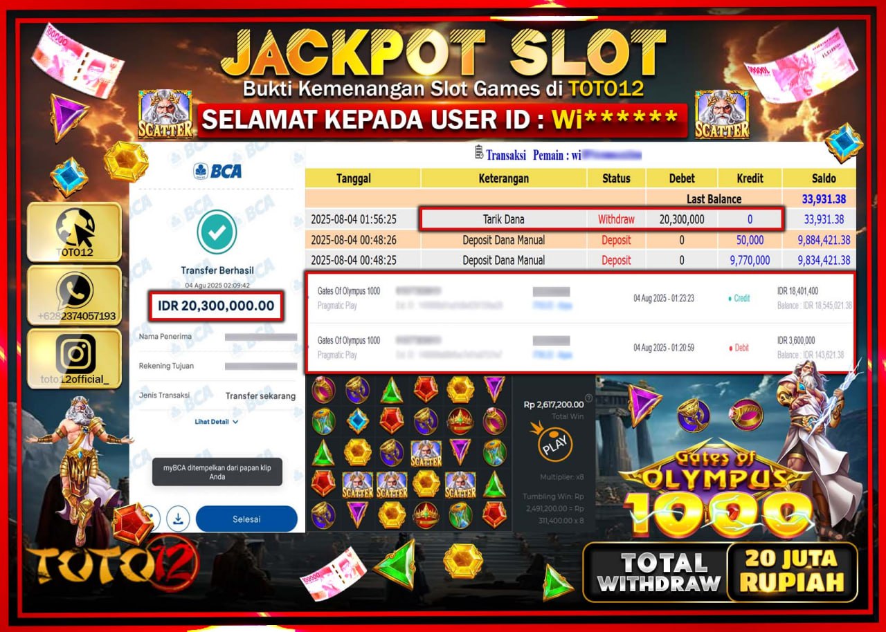 HANYA DI TOTO12 JP PASTI DI BAYAR LUNAS DAN CEPAT!!!!!! JACKPOT SLOT GAME (GATES OF OLYMPUS 1000) Rp.20.300.000 !!!!