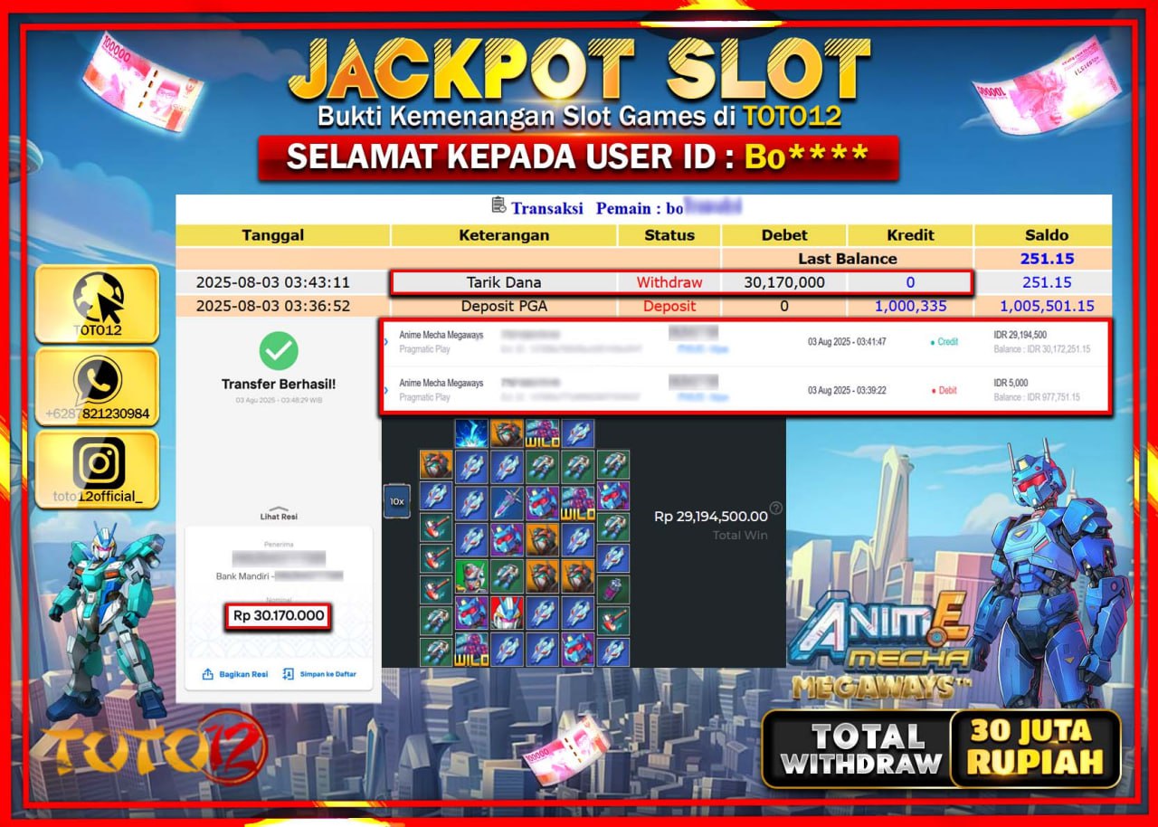 HANYA DI TOTO12 JP PASTI DI BAYAR LUNAS DAN CEPAT!!!!!! JACKPOT SLOT GAME (ANIME MECHA MEGAWAYS) Rp.30.170.000 !!!!