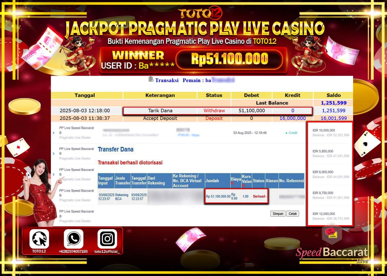 HANYA DI TOTO12 JP PASTI DI BAYAR LUNAS DAN CEPAT!!!!!! JACKPOT PRAGMATIC PLAY LIVE CASINO (SPEED BACCARAT) Rp.51.100.000 !!!!