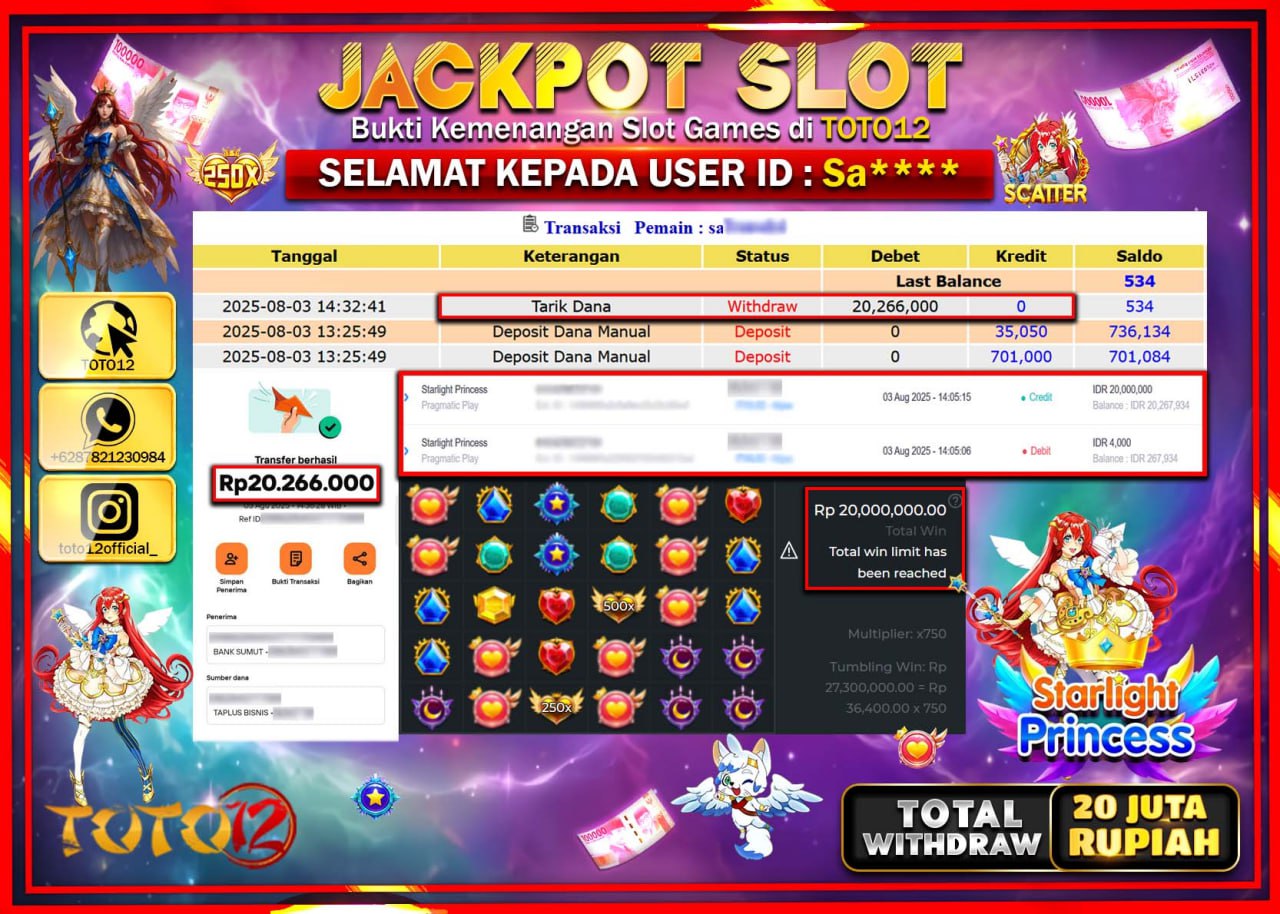 HANYA DI TOTO12 JP PASTI DI BAYAR LUNAS DAN CEPAT!!!!!! JACKPOT SLOT GAME (STARLIGHT PRINCESS) Rp.20.266.000 !!!!