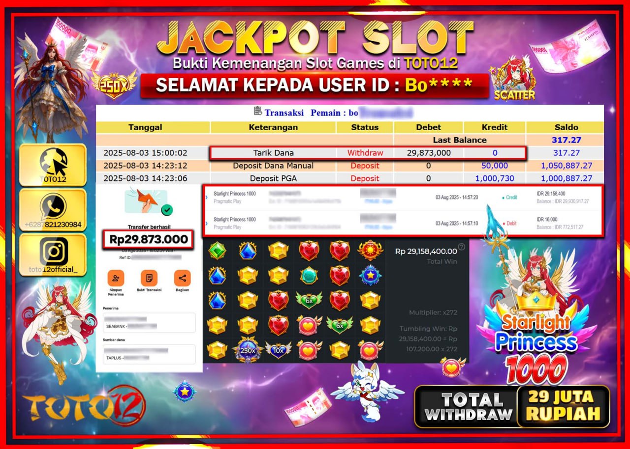 HANYA DI TOTO12 JP PASTI DI BAYAR LUNAS DAN CEPAT!!!!!! JACKPOT SLOT GAME (STARLIGHT PRINCESS 1000) Rp.29.873.000 !!!!
